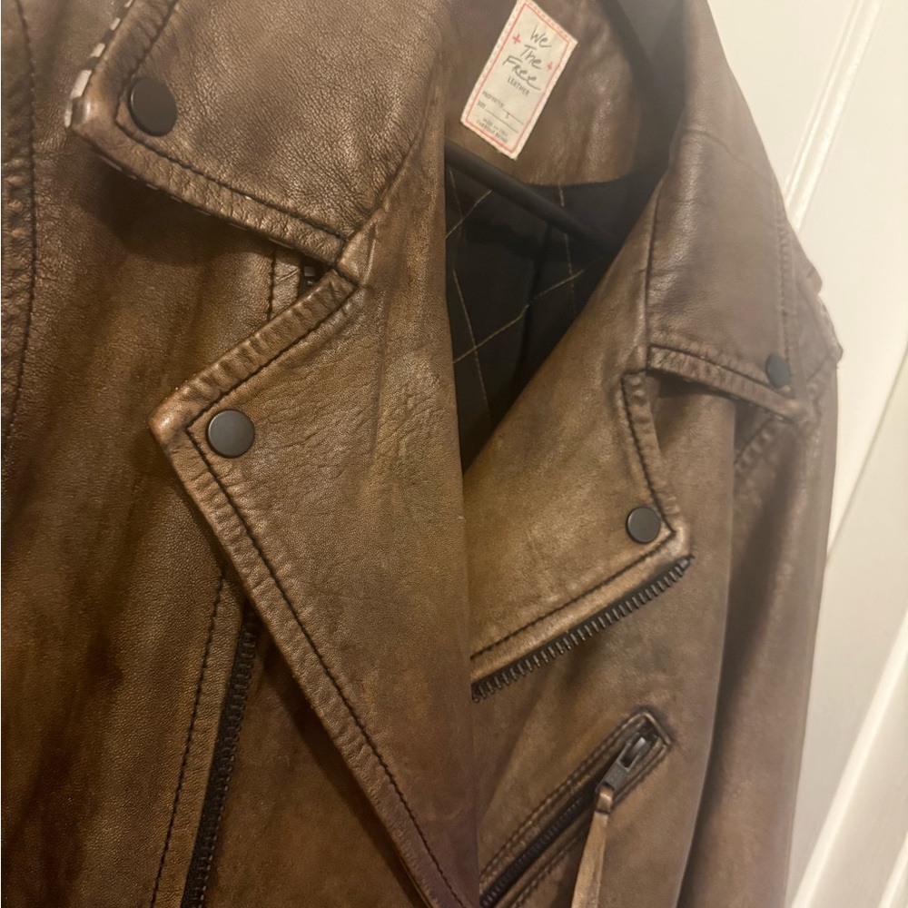 Free People We The Free Over You Brown Oversized Leather Leopard Moto Jacket - Picture 13 of 13